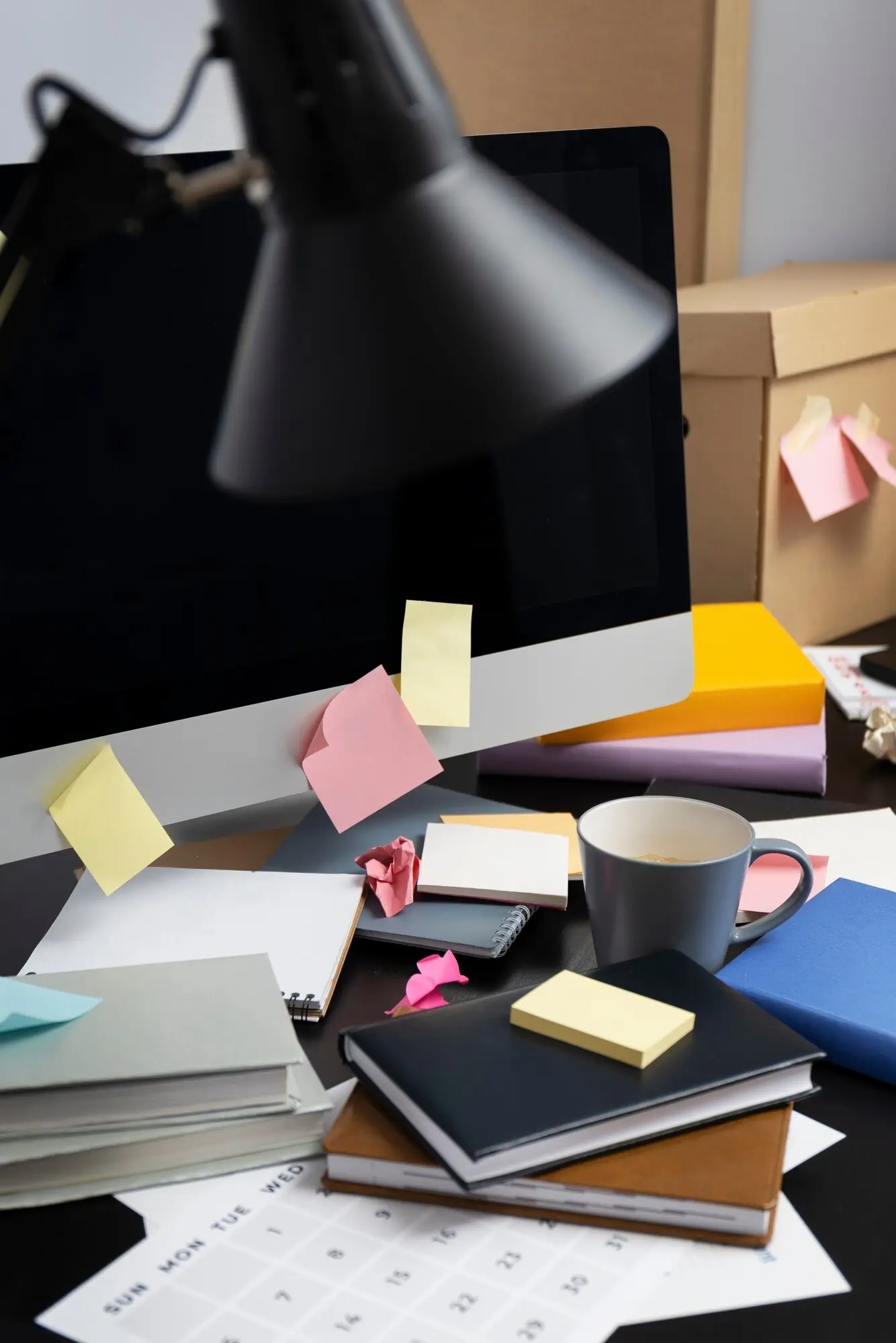 Stillleben eines Durcheinanders auf einem Büroschreibtisch